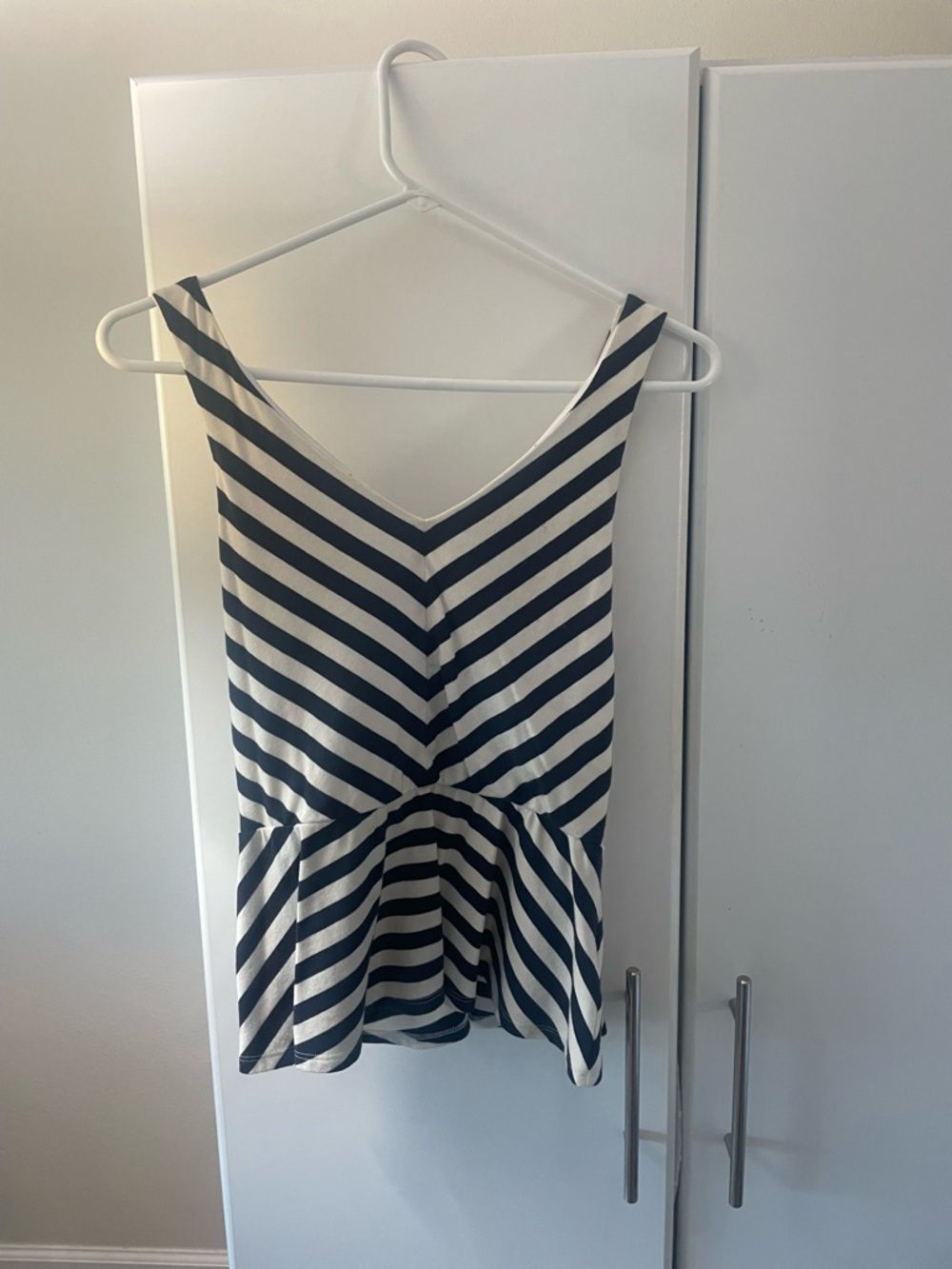 Express Black & White Striped V-Neck Peplum Tank